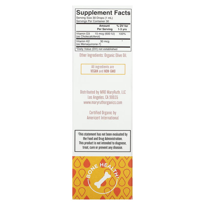 Gotas líquidas de vitamina D3 + K2 orgánicas para niños pequeños de MaryRuth's, 30 ml