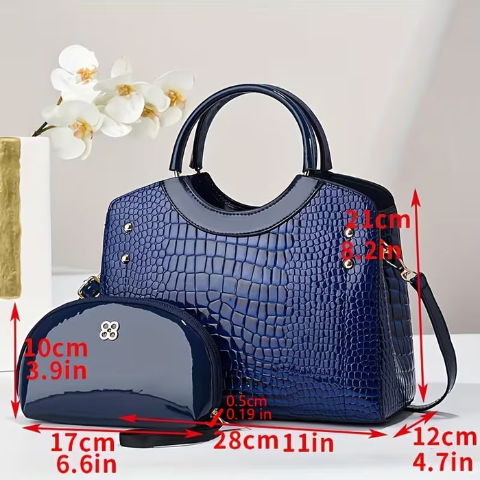 Elegante juego de bolso de dos piezas con estampado y textura de cocodrilo artificial