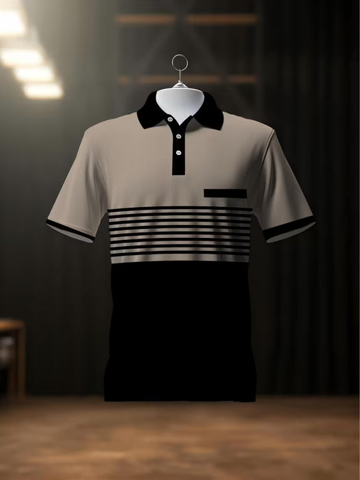 Camiseta de Verano para Hombre Estampado Color Block, Cuello y Mangas con Ribete en Contraste