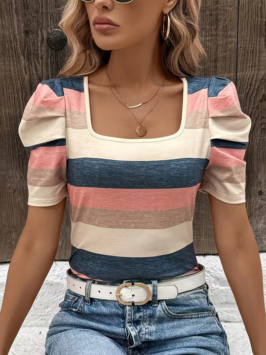 Camiseta occidental con borde, a rayas, cuello cuadrado y mangas abullonadas