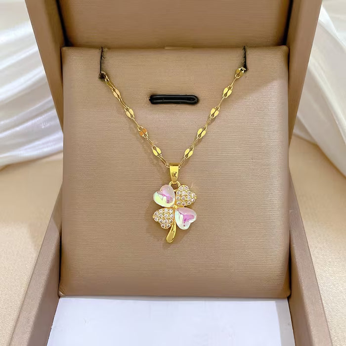 Collar de Cuatro Hojas para Mujer con Incrustaciones de Micro-Rhinestone