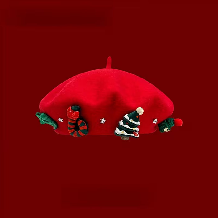 Boina navideña roja para mujer con adorno de árbol de Navidad 3D
