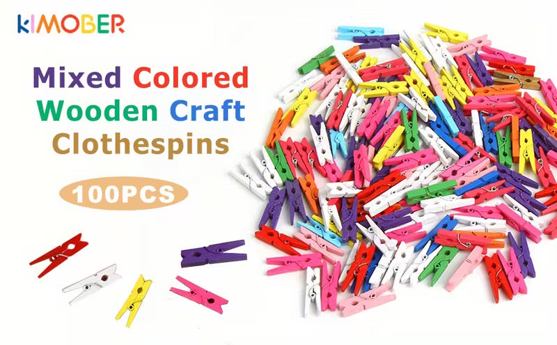 100 Mini Clips de Madera, Soporte de Exhibición Colorido