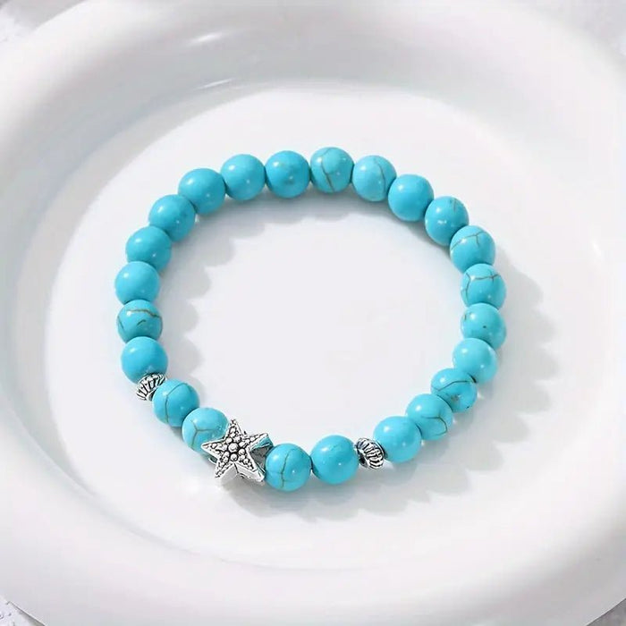 14pcs Elegante pulsera de cuentas turquesas con dije de estrella de mar y cuentas de resina - Quierox - Tienda Online
