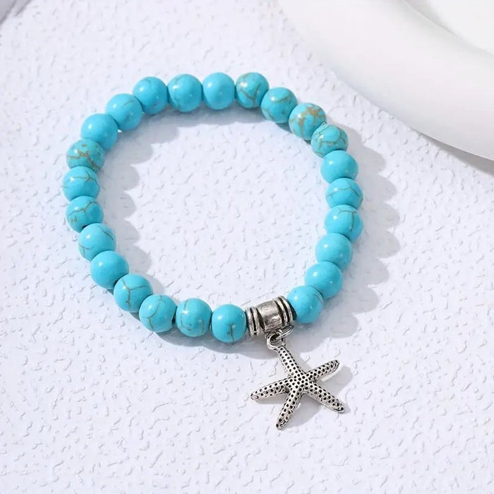 14pcs Elegante pulsera de cuentas turquesas con dije de estrella de mar y cuentas de resina - Quierox - Tienda Online