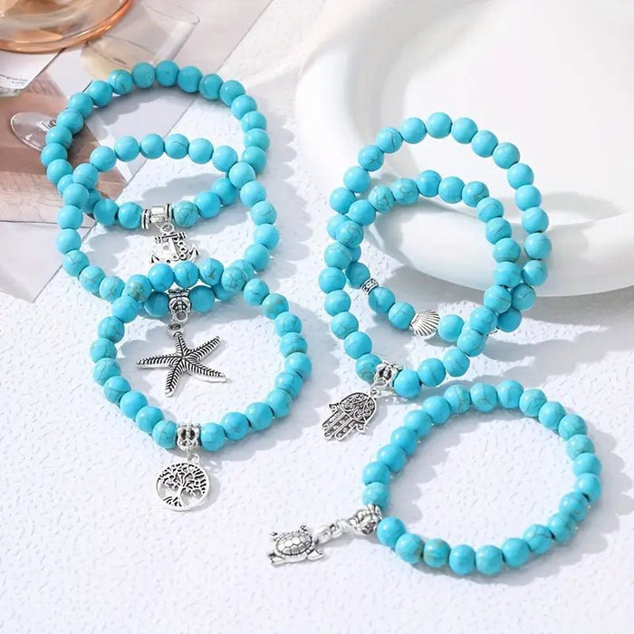 14pcs Elegante pulsera de cuentas turquesas con dije de estrella de mar y cuentas de resina - Quierox - Tienda Online