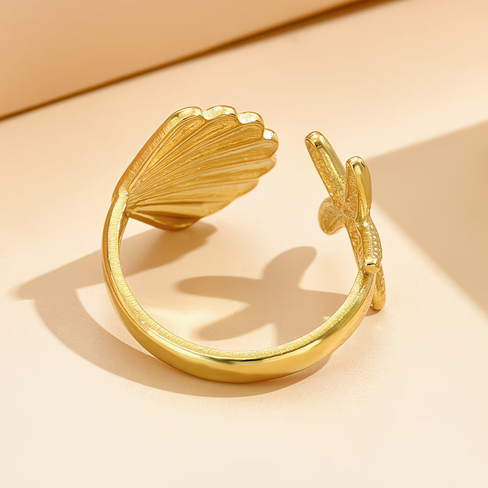 Anillo Dorado Ajustable de Concha y Estrella de Mar para Mujer