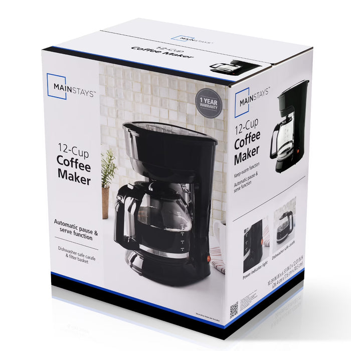 Mainstays Cafetera de goteo negra de 12 tazas