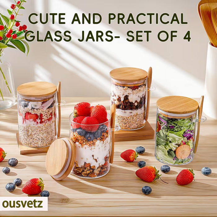 4pcs Taza de Vidrio de Borosilicato Alto con Tapa de Bambú y Cuchara para Avena y Desayunos