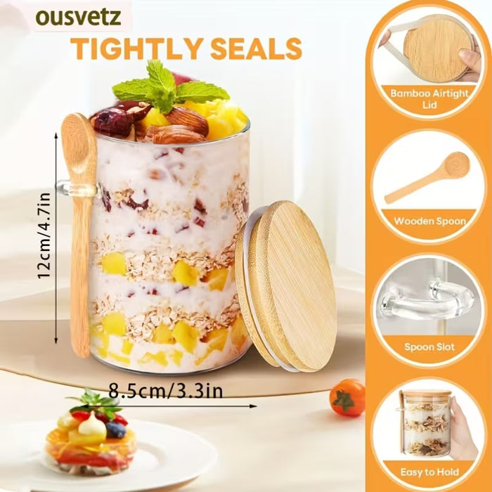 4pcs Taza de Vidrio de Borosilicato Alto con Tapa de Bambú y Cuchara para Avena y Desayunos