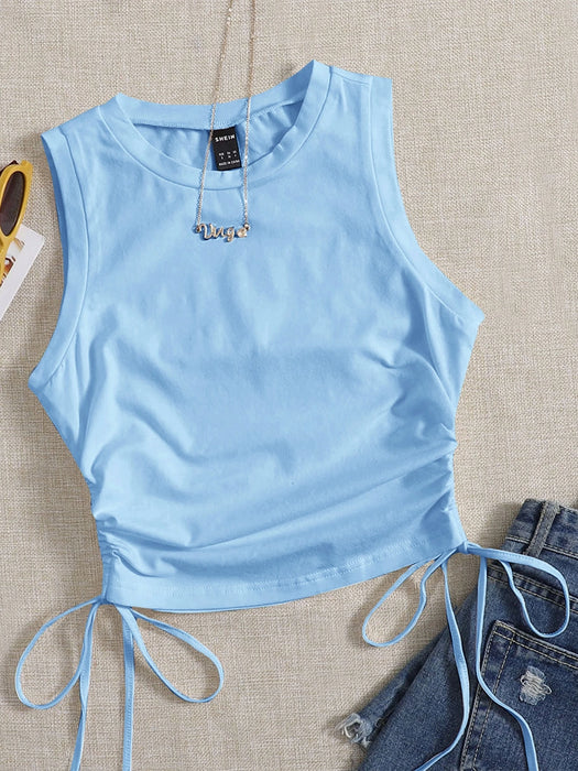 SHEIN EZwear Top corto de mujer azul claro con cuello redondo, fruncido lateral y cordón en el bajo