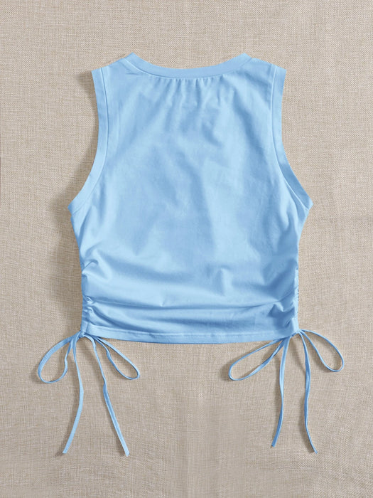 SHEIN EZwear Top corto de mujer azul claro con cuello redondo, fruncido lateral y cordón en el bajo