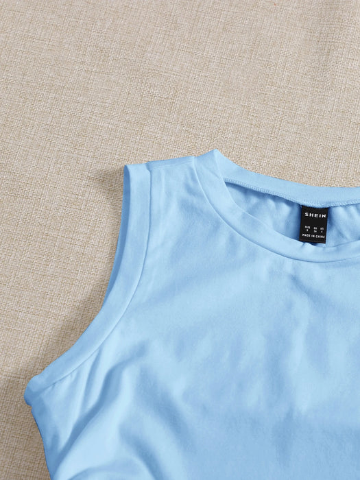 SHEIN EZwear Top corto de mujer azul claro con cuello redondo, fruncido lateral y cordón en el bajo