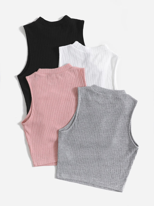 SHEIN EZwear Camiseta sin mangas de punto acanalado con cuello alto (4 piezas)