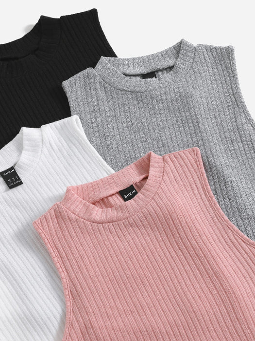 SHEIN EZwear Camiseta sin mangas de punto acanalado con cuello alto (4 piezas)