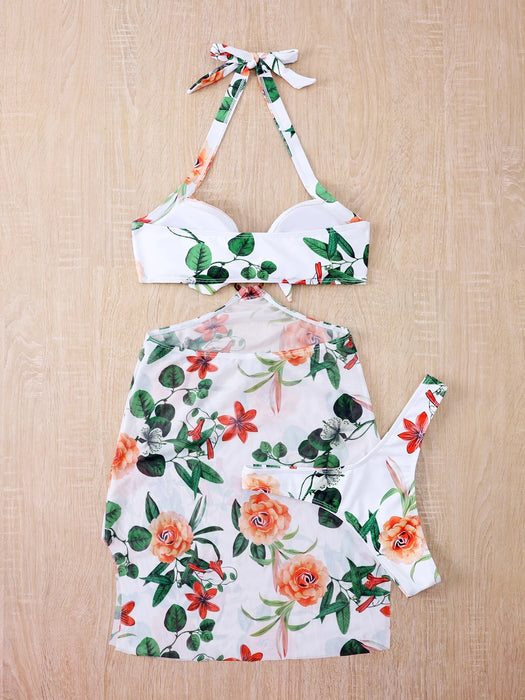 SHEIN Swim Summer Beach 3 Paquetes De Bikini Halter Con Estampado Floral Y Falda
