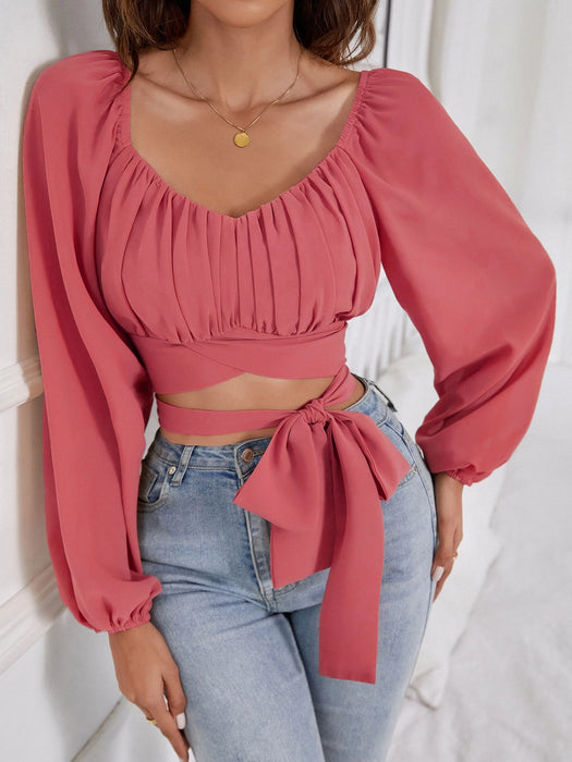 SHEIN Breezaya Camisa corta pecho con fruncido de manga farol