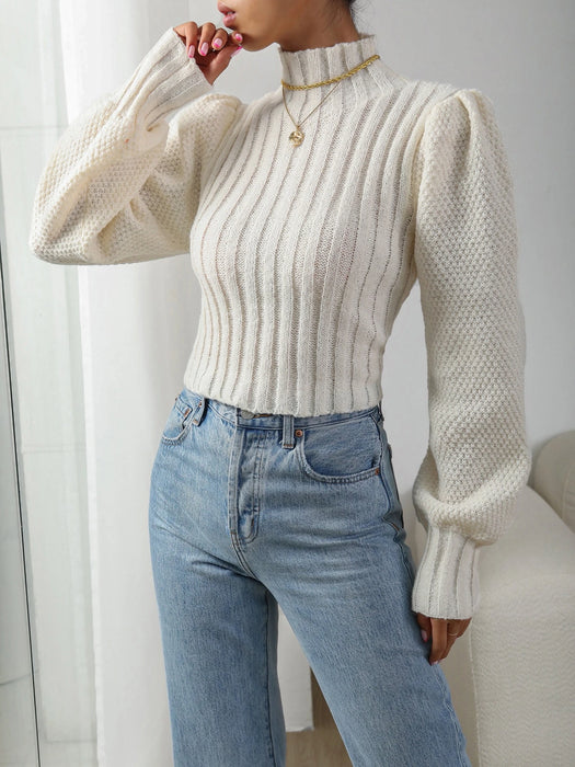 SHEIN Calvaya Suéter de cuello alto con mangas farol, blusas de manga larga