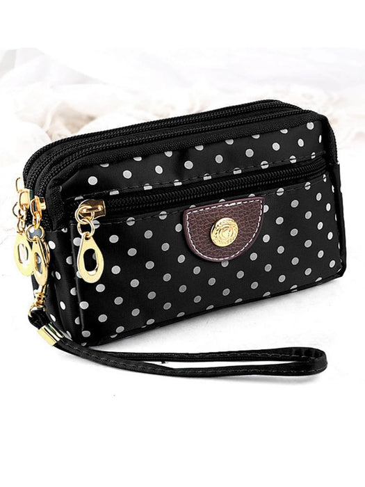 Shein Cartera pequeña de nailon con cuatro bolsillos con cremallera y estampado de lunares