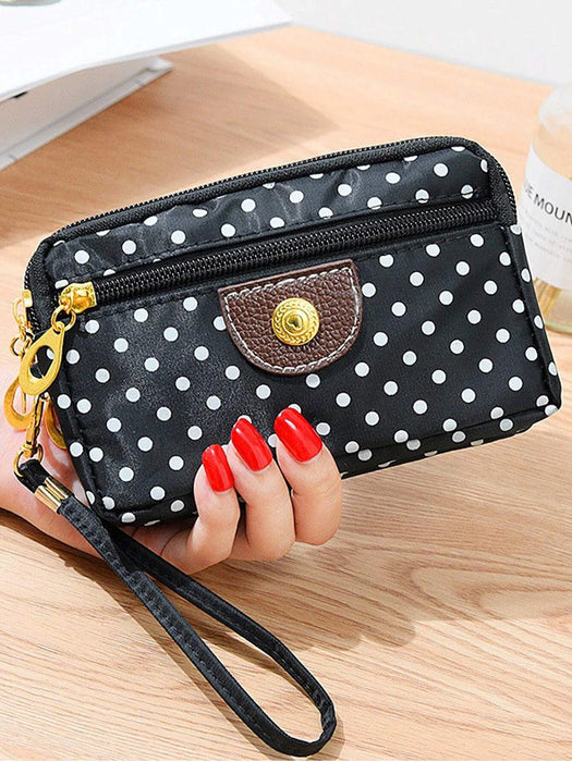 Shein Cartera pequeña de nailon con cuatro bolsillos con cremallera y estampado de lunares