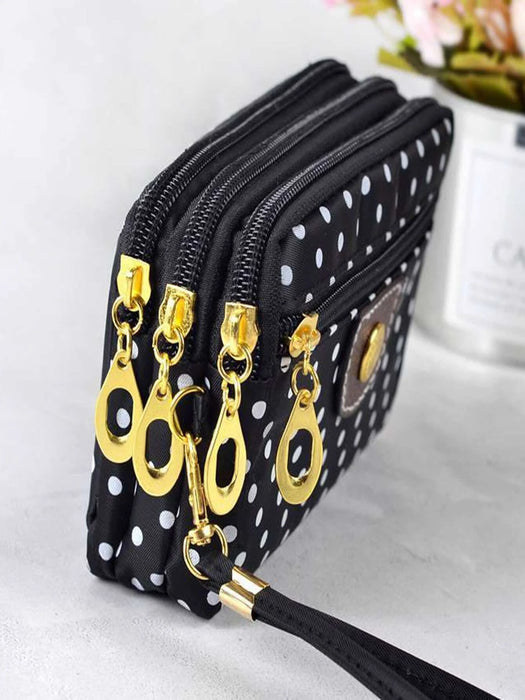 Shein Cartera pequeña de nailon con cuatro bolsillos con cremallera y estampado de lunares