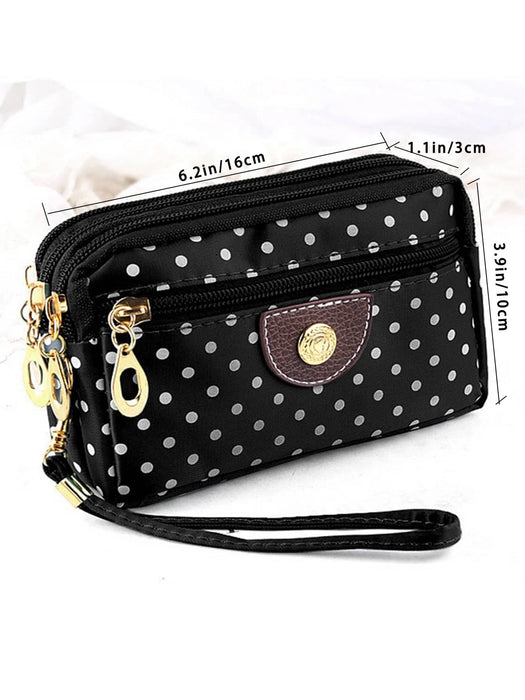 Shein Cartera pequeña de nailon con cuatro bolsillos con cremallera y estampado de lunares
