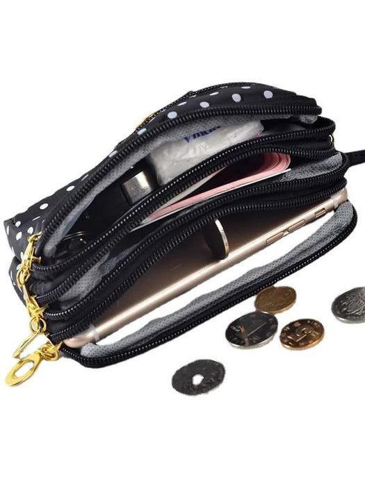 Shein Cartera pequeña de nailon con cuatro bolsillos con cremallera y estampado de lunares