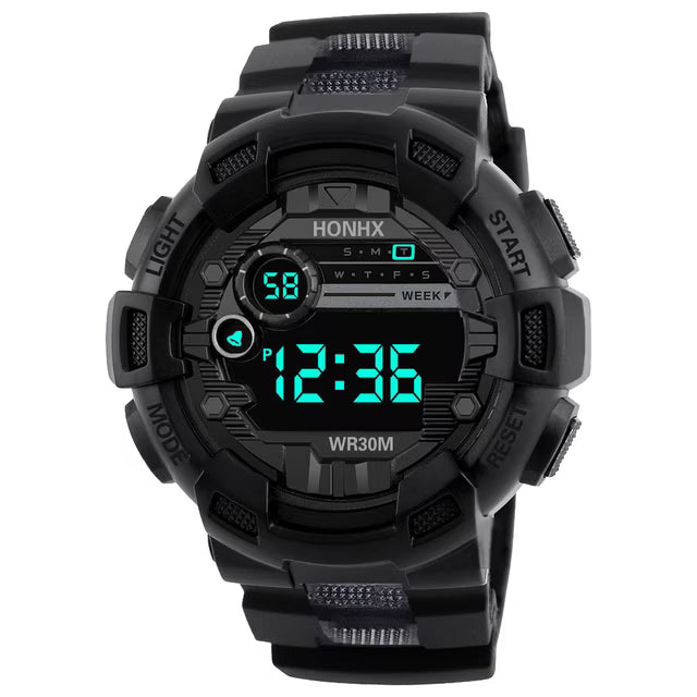 Reloj electrónico deportivos moderno con cuatro botones. Para hombre
