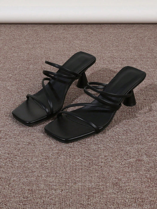 SHEIN Sandalias minimalistas de tacón alto con tiras y punta abierta para mujer