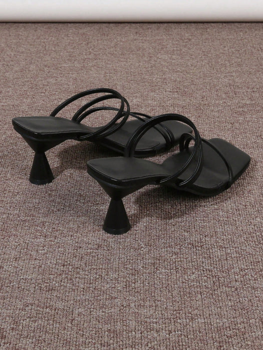 SHEIN Sandalias minimalistas de tacón alto con tiras y punta abierta para mujer