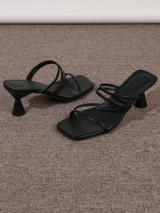 SHEIN Sandalias minimalistas de tacón alto con tiras y punta abierta para mujer