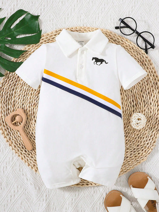 SHEIN Baby Boy Mono de cuello polo con estampado de caballos y ribete de rayas