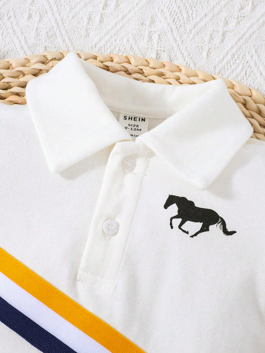 SHEIN Baby Boy Mono de cuello polo con estampado de caballos y ribete de rayas