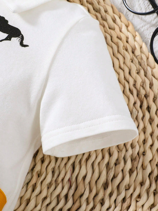 SHEIN Baby Boy Mono de cuello polo con estampado de caballos y ribete de rayas