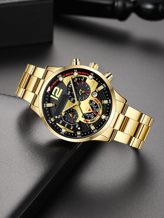 Shein 1 reloj de hombre dorado con correa de aleación de zinc esfera redonda, movimiento de cuarzo y 1 pulsera de cadena