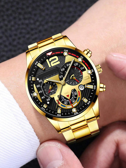 Shein 1 reloj de hombre dorado con correa de aleación de zinc esfera redonda, movimiento de cuarzo y 1 pulsera de cadena