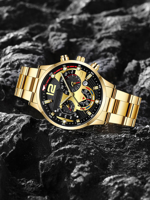 Shein 1 reloj de hombre dorado con correa de aleación de zinc esfera redonda, movimiento de cuarzo y 1 pulsera de cadena