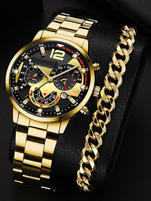 Shein 1 reloj de hombre dorado con correa de aleación de zinc esfera redonda, movimiento de cuarzo y 1 pulsera de cadena