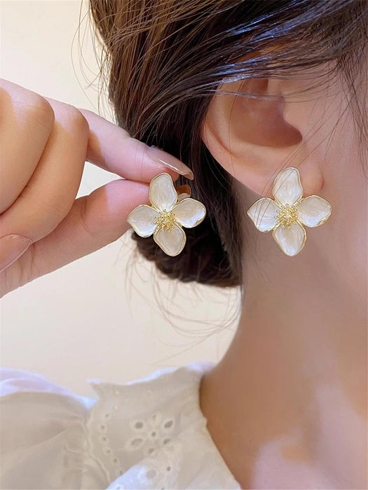 Shein 1 par de pendientes de flor de hibisco y gota de agua con flor blanca esmaltada