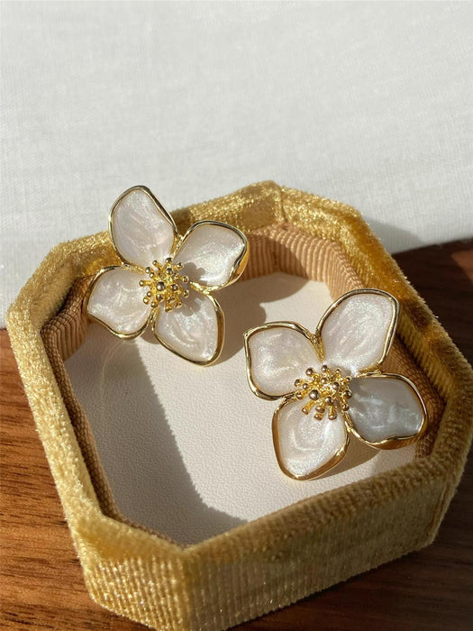 Shein 1 par de pendientes de flor de hibisco y gota de agua con flor blanca esmaltada