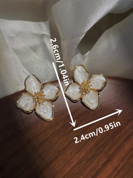 Shein 1 par de pendientes de flor de hibisco y gota de agua con flor blanca esmaltada