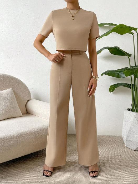 SHEIN Essnce Blusa corta lisa y pantalones de pierna ancha