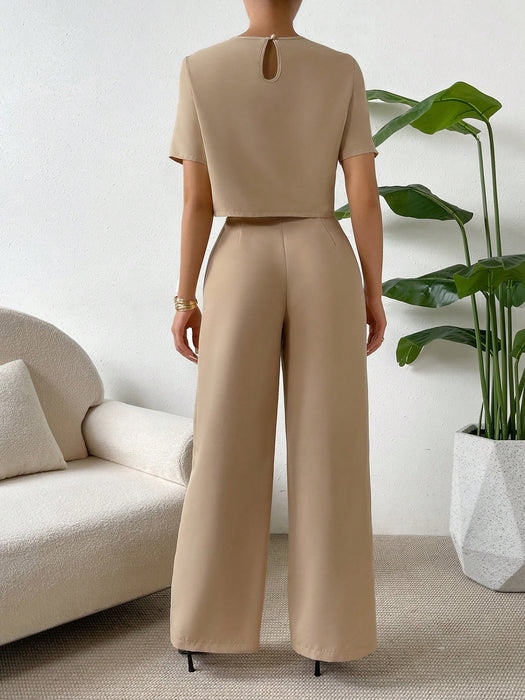 SHEIN Essnce Blusa corta lisa y pantalones de pierna ancha