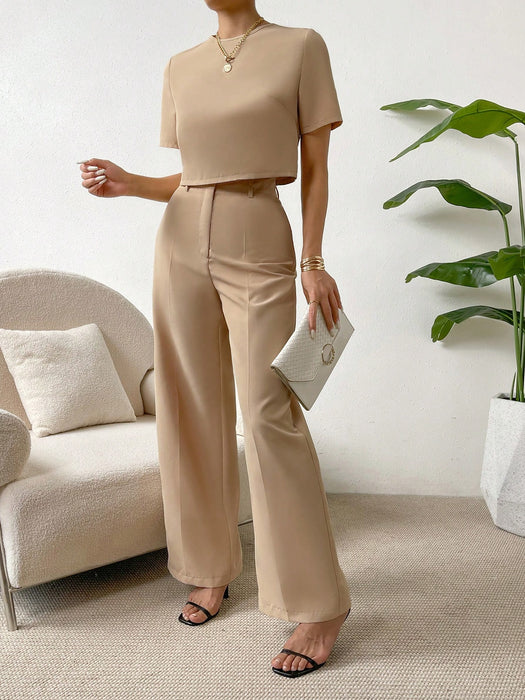 SHEIN Essnce Blusa corta lisa y pantalones de pierna ancha