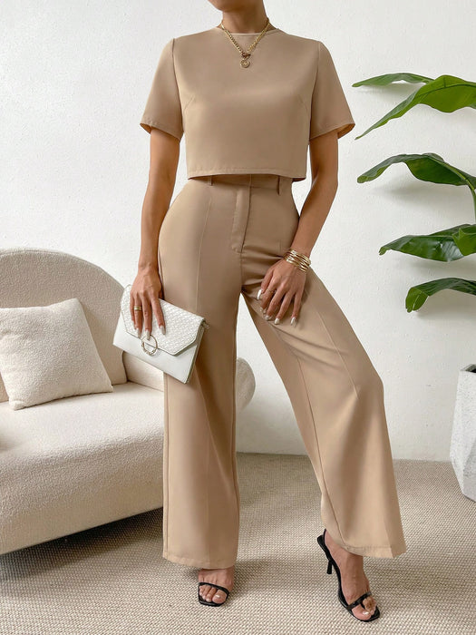 SHEIN Essnce Blusa corta lisa y pantalones de pierna ancha