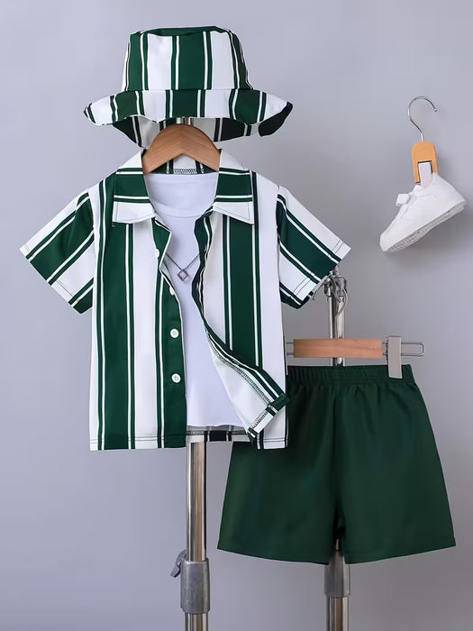 Conjunto de 3 piezas para niño: camisa de verano casual a rayas de manga corta con cuello