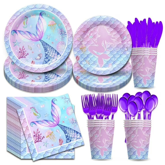Kit de fiesta de cumpleaños de sirena de 168 piezas (platos de 9/7 pulgadas, vasos, tenedores, cucharas, cuchillos, servilletas)