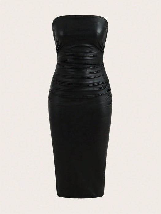 SHEIN ICON Vestido largo ajustado tipo bandeau de piel sintética con abertura en el muslo