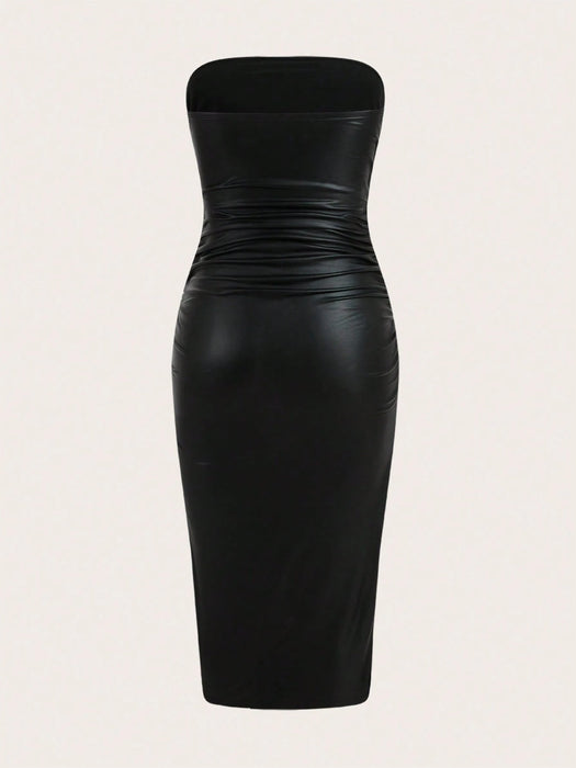 SHEIN ICON Vestido largo ajustado tipo bandeau de piel sintética con abertura en el muslo