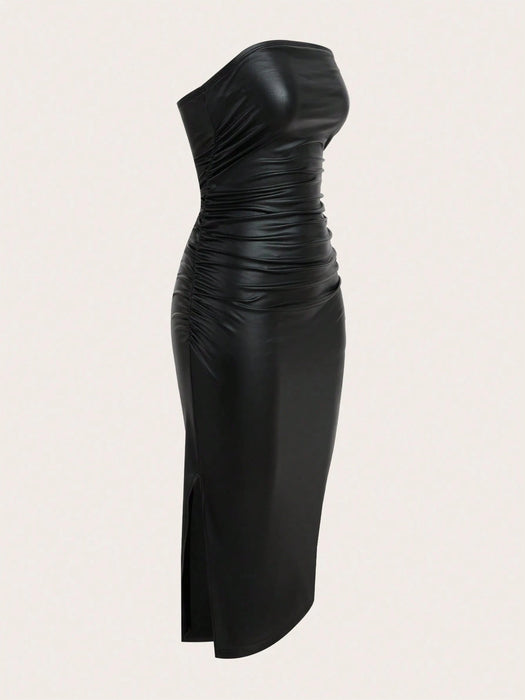 SHEIN ICON Vestido largo ajustado tipo bandeau de piel sintética con abertura en el muslo